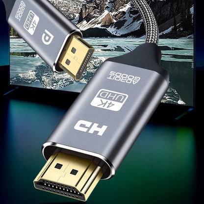close-up van een metalen hdmi-kabel met 4k uhd-ondersteuning voor schermweergave