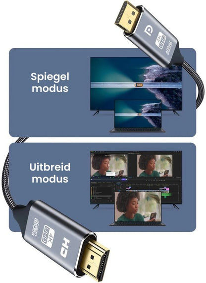 Zwarte 4K UHD kabel met vergulde connectoren toont spiegel- en uitgebreid beeldschermmodus.