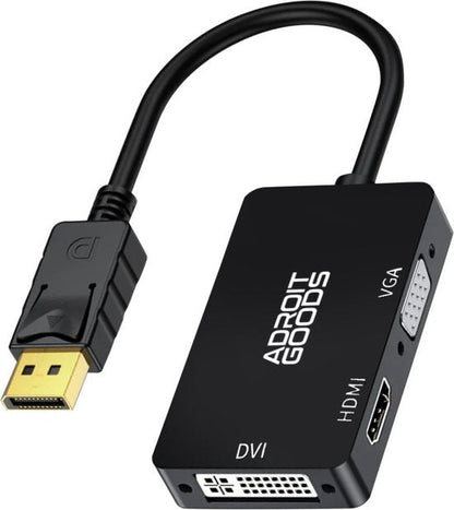 Zwarte AdroitGoods adapter met DisplayPort naar DVI, HDMI en VGA aansluitingen.