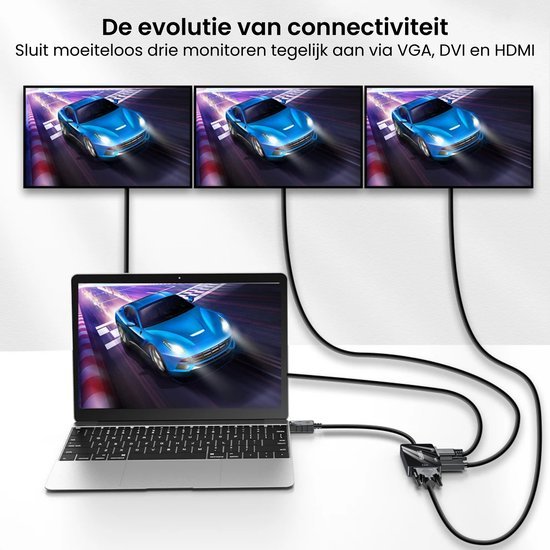 Laptop verbonden met drie monitoren via VGA, DVI en HDMI kabels voor schermuitbreiding