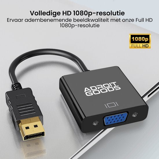Zwarte kabeladapter met goudkleurige connector en VGA uitgang voor Full HD 1080p beeldkwaliteit