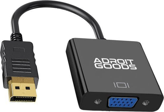 Zwarte AdroitGoods adapter met DisplayPort naar blauwe VGA aansluiting voor videoverbindingen
