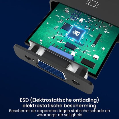 Groene printplaat met elektronisch circuit en metalen VGA-connector tegen een blauwe achtergrond