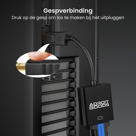 Close-up van een computerpoort met aangesloten zwart AdroitGoods kabel en drukknopgesp mechanisme.