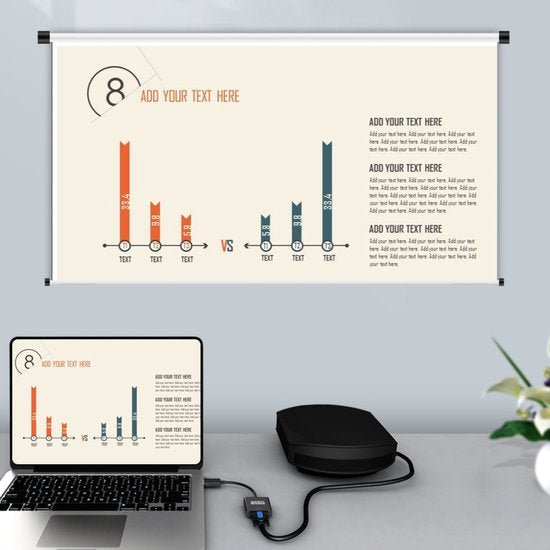 laptop en projector die een grafiek met oranje en blauwe staafdiagrammen projecteren op een scherm