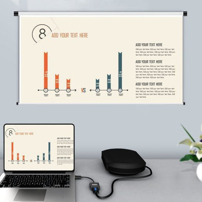 laptop en projector die een grafiek met oranje en blauwe staafdiagrammen projecteren op een scherm