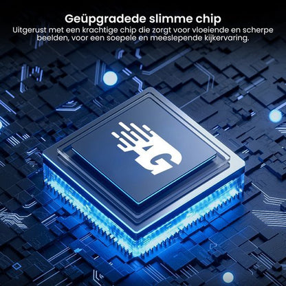 Close-up van een geüpgradede slimme chip met gloeiend blauw licht op een circuitbord