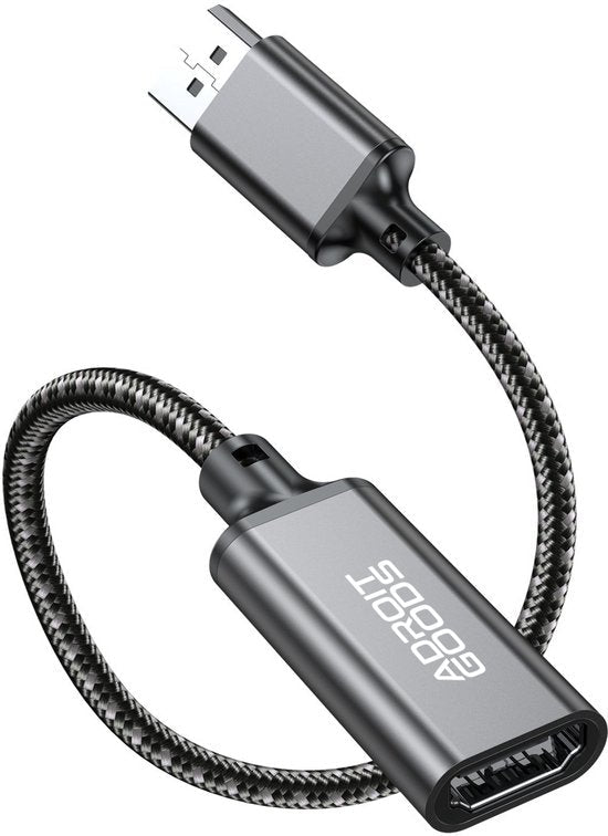 zwarte gevlochten kabel met metalen connectoren en AdroitGoods logo in grijze kleur