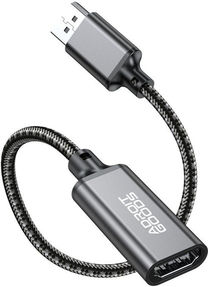 zwarte gevlochten kabel met metalen connectoren en AdroitGoods logo in grijze kleur