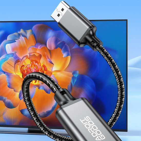 Zwarte gevlochten kabel met USB-C-connector verbonden met een kleurrijk schermachtergrond