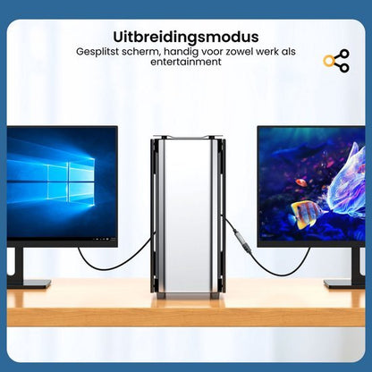 Gesplitst scherm met twee monitoren verbonden via een centraal apparaat voor werk en entertainment.