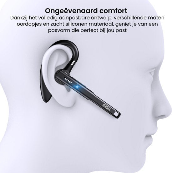 Zwart Bluetooth oordopje met verstelbare haak en zacht siliconen materiaal voor comfort