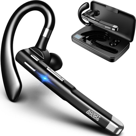zwarte draadloze headset met oorklem en bijbehorende oplaadcase met display