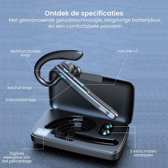 Draadloze oortjes met oplaadcase, bedieningsknoppen en extra oordopjes in een zwarte kleur