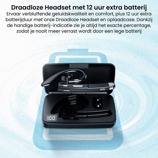 Draadloze headset met oplaadcase en batterij-indicatie voor extra lange gebruiksduur