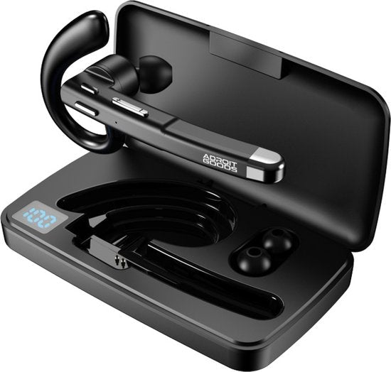 zwart draadloos bluetooth oorstukje met oplaadcase en batterij indicator display