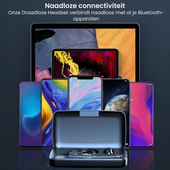 Draadloze headset met oplaadcase voor naadloze verbinding met verschillende Bluetooth apparaten.
