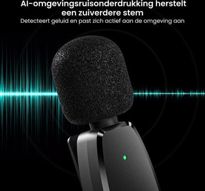 Zwarte microfoon met schuimkap en groene indicatielamp voor geluidsonderdrukkingstechnologie