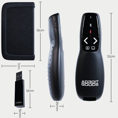 langwerpige zwarte presentatie afstandsbediening met knoppen en usb ontvanger naast zwarte hoes