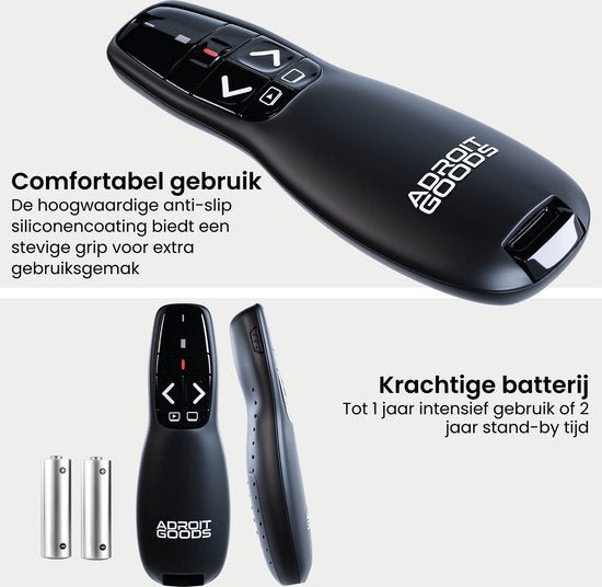 Zwarte presenter met anti-slip coating, duidelijke knoppen en krachtige batterijen erbij
