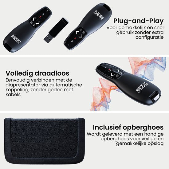 Draadloze presenter met USB-ontvanger en beschermhoes voor eenvoudig en veilig gebruik