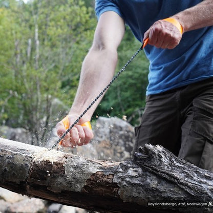 Man hakt met trekzaag een dikke tak in een bosrijke omgeving op natuurlijke ondergrond