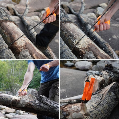 Handsaw met oranje handgrepen zaagt hout in natuurlijke buitenomgeving nabij stenen en bomen