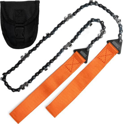 zwarte kettingzaag met oranje handgrepen en een kleine zwarte draagtas
