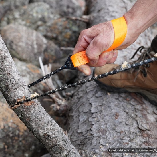 Hand die een zaag met oranje handvat gebruikt om tak door te zagen in bosrijke omgeving.