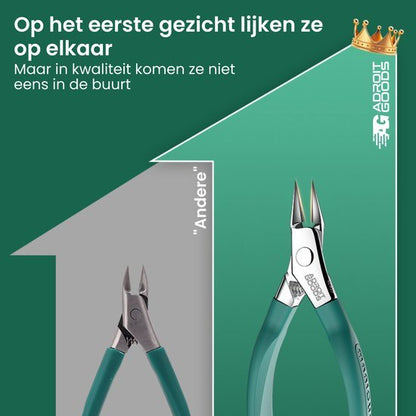 Vergelijking van twee kniptangen met verschillende kwaliteitsniveaus in groene achtergrond