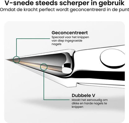 Close-up van een nagelknipper met geconcentreerde punt en dubbele V-snede voor diep ingegroeide nagels.