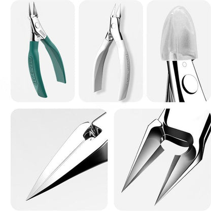 Vijf gedetailleerde close-ups van een precisietang met groene en witte handgrepen en metalen punten