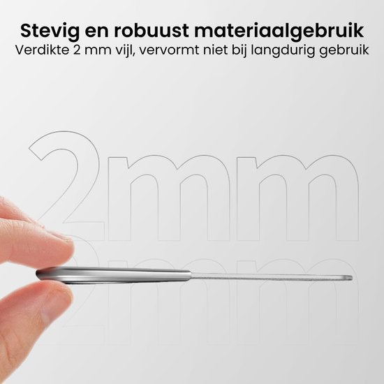 Hand die een stevige, 2 mm dikke metalen vijl vasthoudt met duidelijke tekstbeschrijving erbij