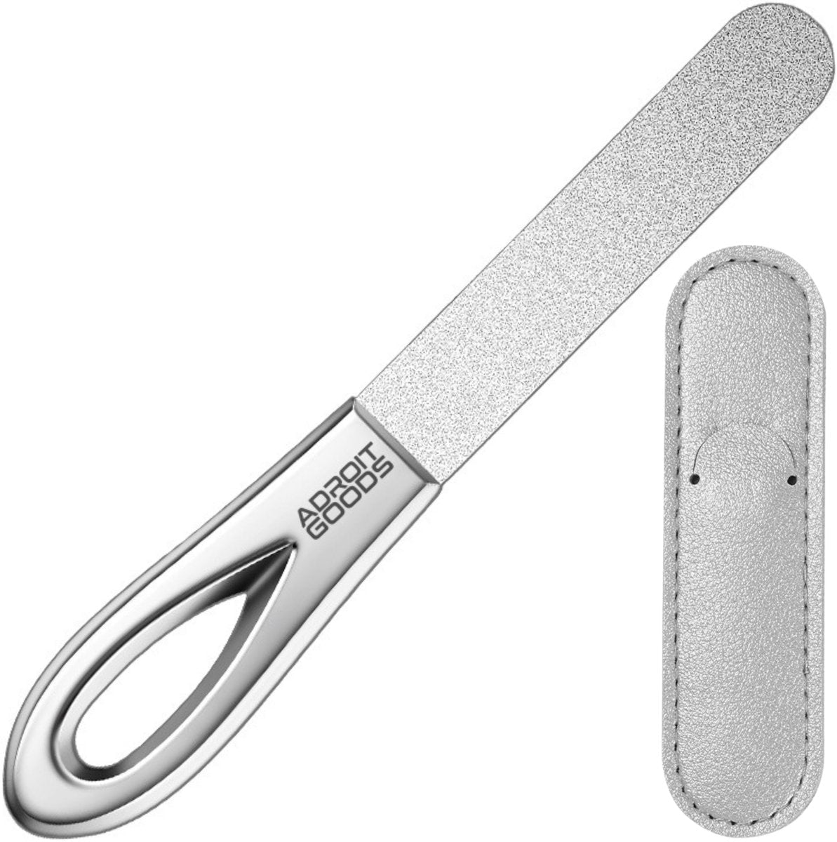 Metalen nagelvijl met ergonomisch handvat en bijpassend etui in lichtgrijze kleur