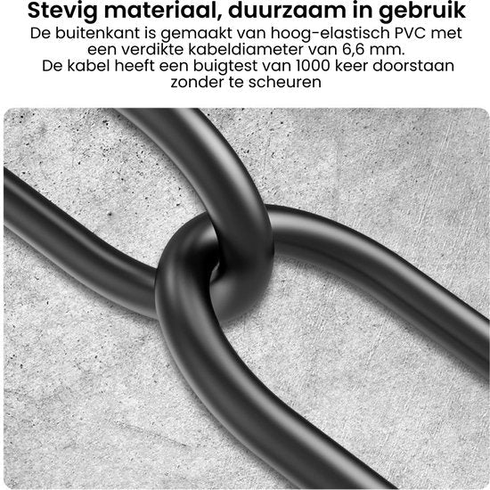 Zwarte kabel stevig geknoopt op grijze ondergrond, duurzaam en flexibel materiaal zichtbaar