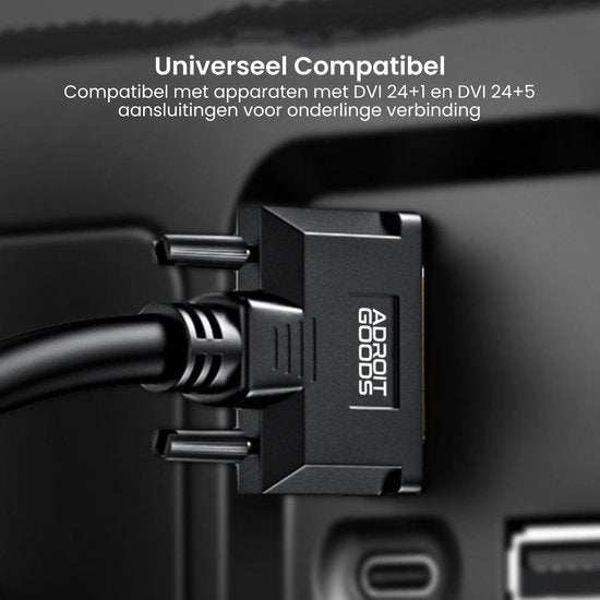 Zwarte kabel aangesloten op een apparaat met een Adroit Goods connector en tekst in het Nederlands