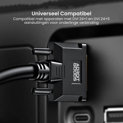 Zwarte kabel aangesloten op een apparaat met een Adroit Goods connector en tekst in het Nederlands