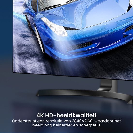 Close-up van een blauw sportwagenbeeld dat wordt weergegeven op een 4K HD-scherm met scherpe details.