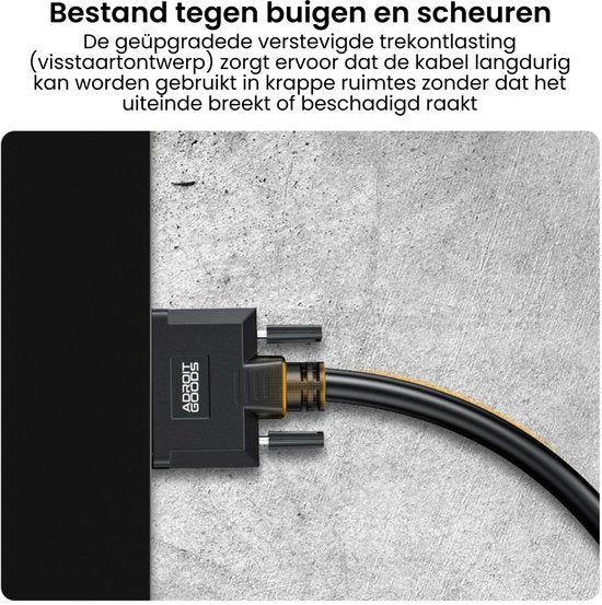 Zwarte kabel met versterkte trekontlasting en rechte connector op grijze achtergrond
