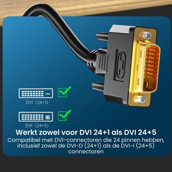 Zwarte kabel met goudkleurige DVI-connector geschikt voor DVI 24+1 en DVI 24+5 pinnen
