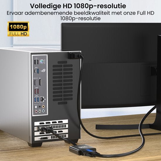 Achterzijde computer met diverse aansluitingen en aangesloten kabels op een monitor.