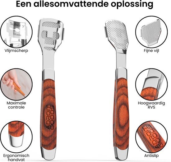 twee roestvrijstalen houten voetvijlen met scherpe mesjes en antislip handvatten