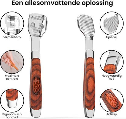 twee roestvrijstalen houten voetvijlen met scherpe mesjes en antislip handvatten