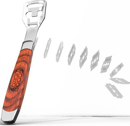 professionele opener met houten handvat en zwevende metalen scheermesjes in serie