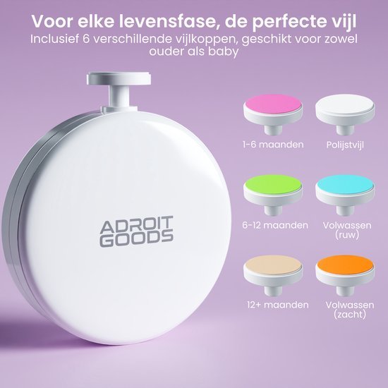 Witte compacte nagelvijlset met zes verschillende kleurrijke opzetstukken voor elke levensfase