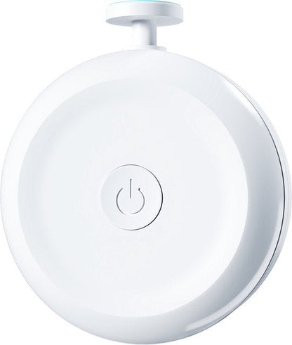 witte ronde elektrische apparaat met aan/uit knop en schuifknop bovenop