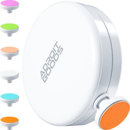 Witte ronde houder met Adroit Goods logo en zes verschillende gekleurde magnetische pads erbij