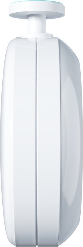 zijkant van een wit kunststof dispenser met duwmechanisme en ronde vormgeving
