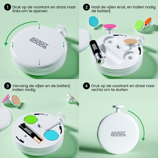 Stapsgewijze instructies voor het openen, vervangen van onderdelen en sluiten van een wit rond apparaat