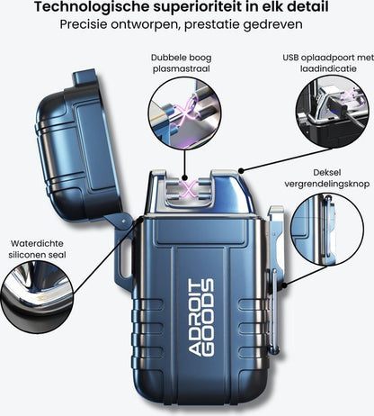 Blauwe duurzame aansteker met dubbele plasma boog, waterdichte siliconen afdichting en USB-oplaadpoort
